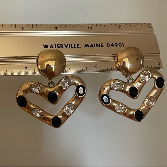 Vintage Givenchy Gold Black Onyx Crystal Heart Clip On Statement Earrings - Picture 5 of 17
